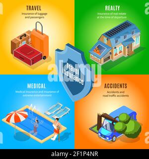 Isometric travel insurance service concept with protection from accidents on rest baggage realty and health insurance vector illustration Stock Vector