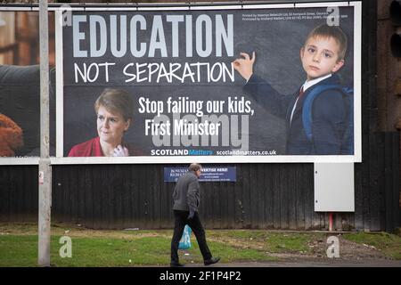 Greenock, Scotland, UK. 9th Mar, 2021. Pictured: A huge billboard message to the Scottish First Minister, Nicola Sturgeon, has appeared on a busy street in the middle of Greenock, Inverclyde. The message says, “EDUCATION NOT SEPARATION. STOP FAILING OUR KIDS, FIRST MINISTER.” This has been done by Majority Media Ltd who are campaigning for Nicola Sturgeon to resign on her failings in government. Credit: Colin Fisher/Alamy Live News Stock Photo