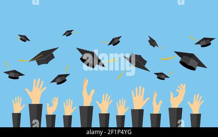 Graduating students of pupil hands throwing graduation caps in the air ...