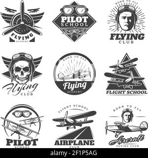 Monochrome aircraft logos set for flying academy club school in vintage style isolated vector illustration Stock Vector