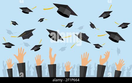 Graduating students of pupil hands throwing graduation caps in the air ...