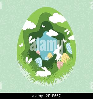 Paper-cut large Easter egg with holiday elements - Vector illustration Stock Vector