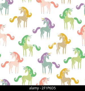 Seamless vector pattern with colourful unicorns on white background. Simple fantasy wallpaper design for children. Stock Vector
