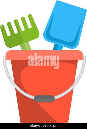 Bucket, rake and shovel for children sandbox icon Stock Vector