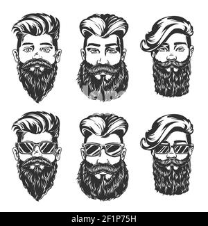 Hipster hairstyle and beard style vector sketches of men faces with fashion haircuts, beards, mustaches and glasses, isolated hand drawn heads with un Stock Vector