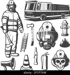 Firefighting vintage elements set with fireman in uniform fire truck skull and rescue equipment isolated vector illustration Stock Vector