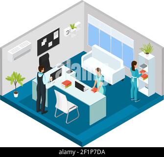 Isometric professional cleaning service concept with cleaners wearing uniform working in office isolated vector illustration Stock Vector