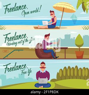 Three horizontal banners set with freelancer character working outdoors on beach hills and roof with text vector illustration Stock Vector