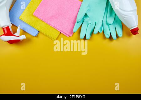 House cleaning products, copy space. Flat lay house cleaning