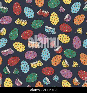 Seamless vector pattern with spotty eggs on dark blue background. Cute unicorn egg wallpaper design. Stock Vector