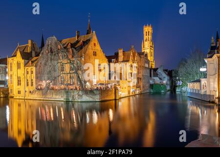 Bruges, Belgium night scene on the Rozenhoedkaai River. Stock Photo