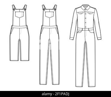 Set of Dungarees Denim overall jumpsuit technical fashion illustration with full knee length, normal waist, high rise, pockets, Rivets. Flat front, white color style. Women, men unisex CAD mockup Stock Vector