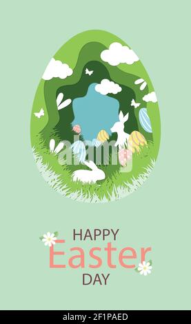 Paper-cut large Easter egg with holiday elements - Vector illustration Stock Vector