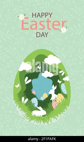 Paper-cut large Easter egg with holiday elements - Vector illustration Stock Vector