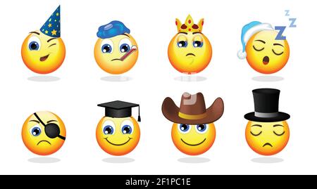 Cartoon funny emoticons set with party sleeping cowboy gentleman cylinder hats warmer crown graduation cap pirate eye patch isolated vector illustrati Stock Vector