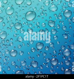 Water drops seamless realistic circle raindrop images of different size on a cold blue gradient background vector illustration Stock Vector