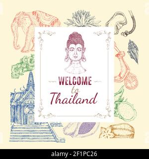 Hand drawn thai decorative icons composition with colorful elements background and top title overlay with frame vector illustration Stock Vector