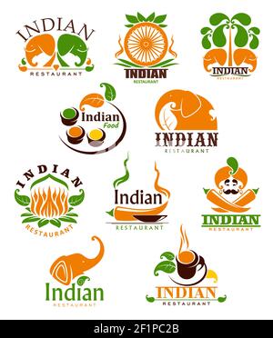 Indian food restaurant vector icons, cartoon emblems with traditional symbols of India. Chili peppers, condiments and elephants with palm trees and lo Stock Vector