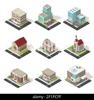 Set of isolated city buildings with roads street lighting and environmental infrastructure isometric vector illustration Stock Vector