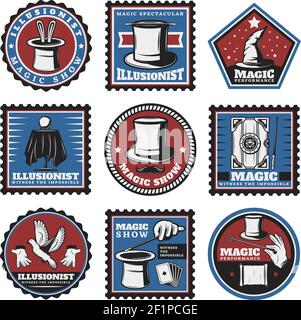 Vintage colored magic illusion stickers set with animals hats cards ball paper scroll magical wands safe isolated vector illustration Stock Vector