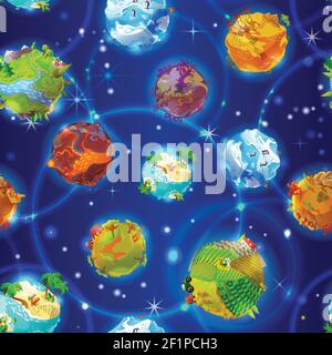 Cartoon Earth planets seamless pattern with animals and different nature landscapes on blue light spotted background vector illustration Stock Vector