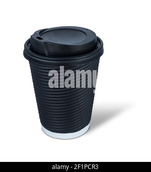 Black disposable paper cup with plastic lid isolated on white background Stock Photo