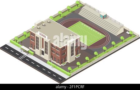 Isometric layout of school with stadium green trees and lawn road infrastructure on white background vector illustration Stock Vector