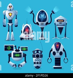 Cartoon robots vector icons, artificial intelligence cyborg characters, cute toys or bots futuristic technology. Friendly robots on wheels and legs wi Stock Vector