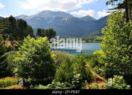 Landscape with panoramic view of the man-made Lake Doxa in Corinthia, Peloponnese Greece. Stock Photo