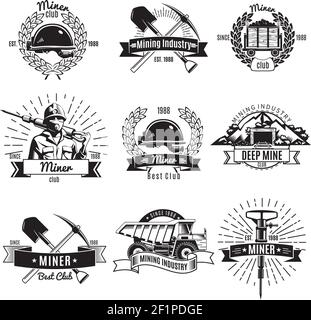 Mining industry vintage black white emblems with worker and equipment ribbons wreaths and rays isolated vector illustration Stock Vector