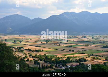 Landscape with panoramic view of Feneos plain in Corinthia Peloponnese, Greece. Stock Photo