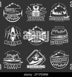 Set of nine isolated emblems of canoe and kayak mountain adventure tours white on dark background vector illustration Stock Vector