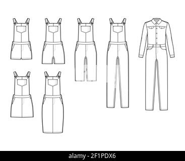Set of Dungarees Denim overall jumpsuit dress technical fashion illustration with full knee mini length, normal waist, high rise, pockets, Rivets. Flat front, white color style. Women, men CAD mockup Stock Vector