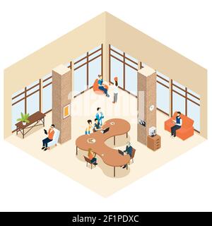 Coworking isometric center interior concept with working business freelance people in room together vector illustration Stock Vector