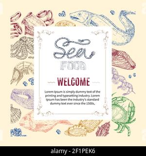 Seafood hand drawn invitation with typographic lettering ornate frame on colorful marine products pattern vector illustration Stock Vector
