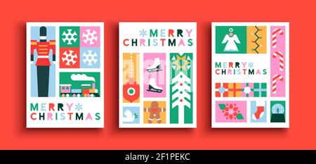 Merry Christmas greeting card set of modern flat geometric icons in traditional folk art style. Colorful xmas season decoration includes children toys Stock Vector