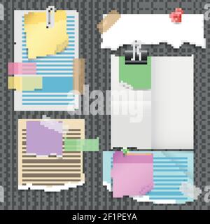 Paper sheets with stationery set including notebook pages pins and clip sticky tape isolated vector illustration Stock Vector