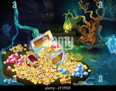 Cartoon game treasure and trophies background with chests gold coins gems jewels royal crown tree holding lantern vector illustration Stock Vector