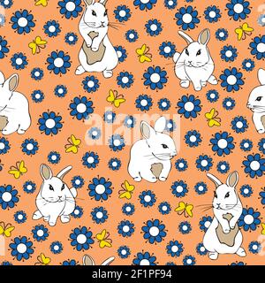 Seamless vector pattern with white bunnies and flowers on pink background. Cute animal floral wallpaper design rabbit and blue flowers. Stock Vector