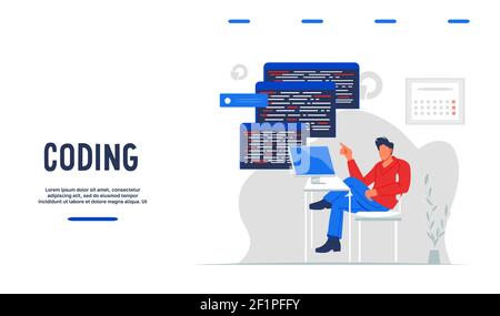 Website template for writing app code and testing computer software, flat vector. Stock Vector