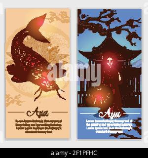 Asia hand drawn vertical banners with red fish and lotus girl in kinomo sakura isolated vector illustration Stock Vector