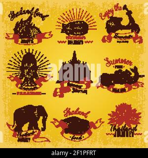 Isolated hand drawn style thailand labels set with thai traditional symbols decorative captions on golden background vector illustration Stock Vector