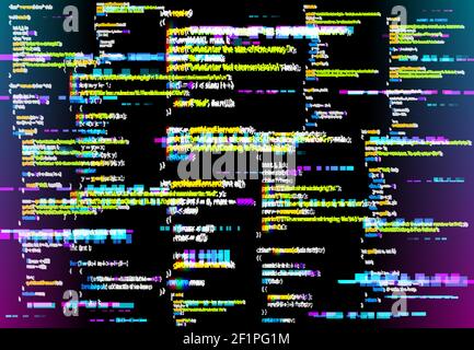 Abstract background with glitched program code parts. Vector backdrop with programming language and random glowing pixels. Black monitor screen with d Stock Vector