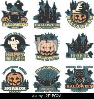 Halloween colored emblems of greetings and parties with holiday elements and traditional sayings isolated vector illustration Stock Vector