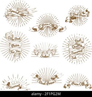 Sketch sale vintage ribbon collection with promotional inscriptions and sunbursts on white background isolated vector illustration Stock Vector