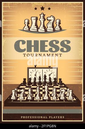 Vintage chess competition poster with lettering figures on chessboard before game and clock vector illustration Stock Vector