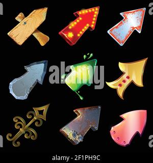 Cartoon pointer set of different materials shapes and structure for game design on dark background isolated vector illustration Stock Vector