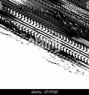 Tire tracks, car or motorcycle wheels on road, vector races tread marks. Black tire tracks pattern on white background, grunge dirt and truck or bike Stock Vector