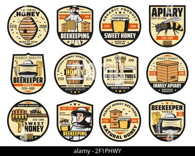 Honey and beekeeping farm vector icons, family apiary products, beehive honeycomb, wooden barrel and honey splash drops. Apiculture production and bee Stock Vector