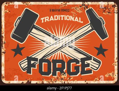 Traditional blacksmith forge rusty metal plate. Crossed smith sledgehammer and hammer with wooden handles engraved vector. Forging artisan workshop ba Stock Vector